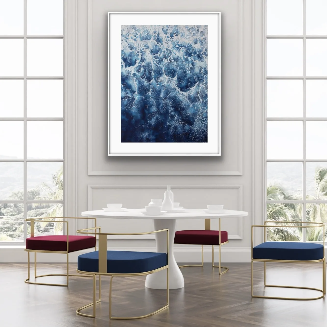 Abstract ocean wave painting ‘Deep Blue Sea’ framed in a contemporary living room, adding depth and movement to the space with its foam details.