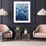 A modern living room with ‘Deep Blue Sea’ painting, showcasing the dramatic abstract ocean waves and foam for a calming atmosphere.