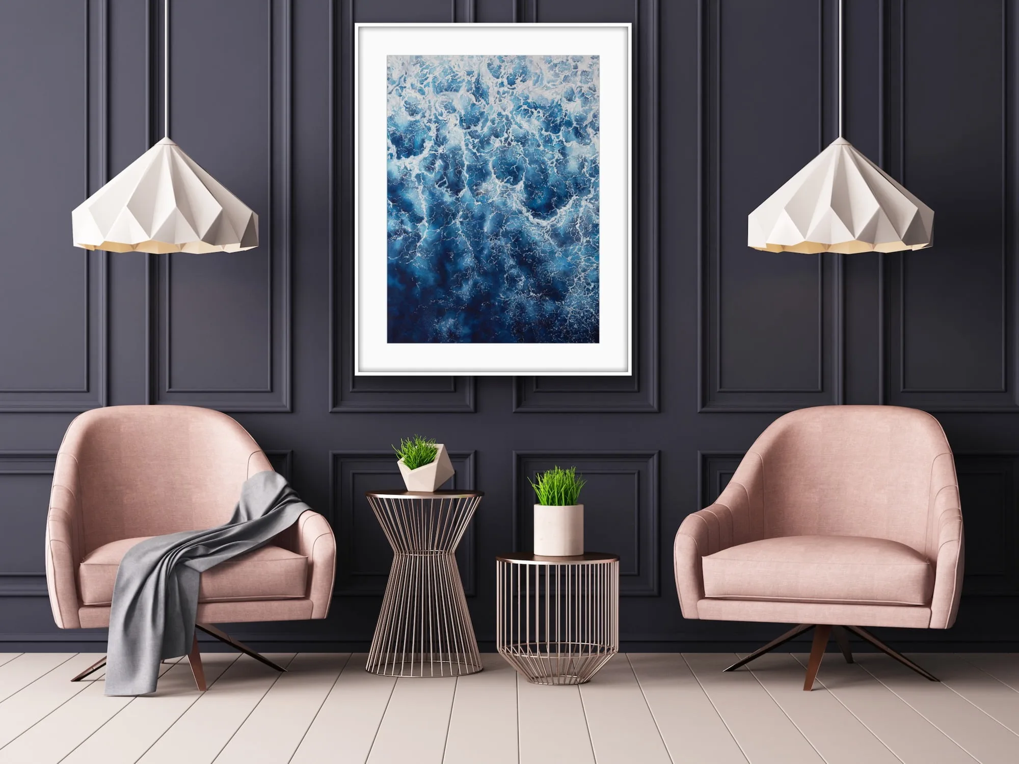 A modern living room with ‘Deep Blue Sea’ painting, showcasing the dramatic abstract ocean waves and foam for a calming atmosphere.