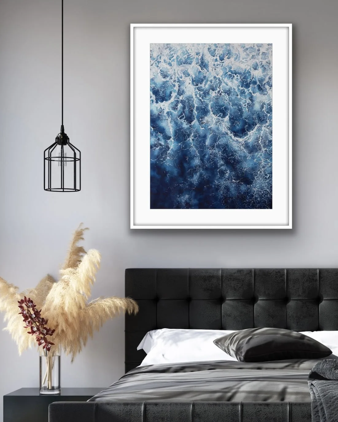 Framed ‘Deep Blue Sea’ in a serene bedroom, featuring abstract ocean waves and foam to enhance relaxation.