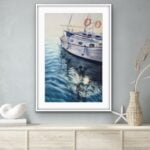 Framed ‘Beginning’ in a beach house, complementing coastal decor with its tranquil yacht scene.