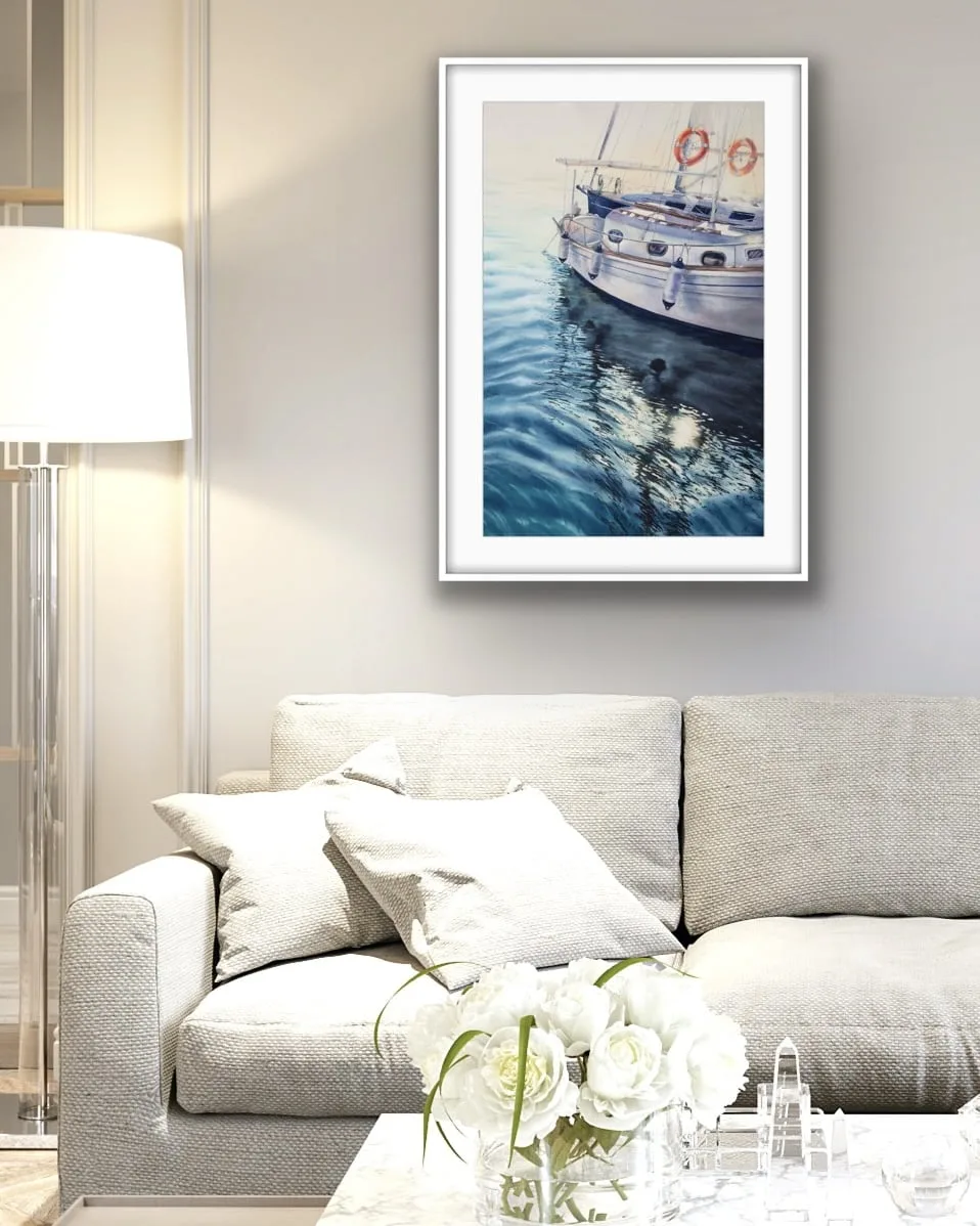 Framed ‘Beginning’ in a nautical-inspired living room, creating a peaceful atmosphere with soft blues.