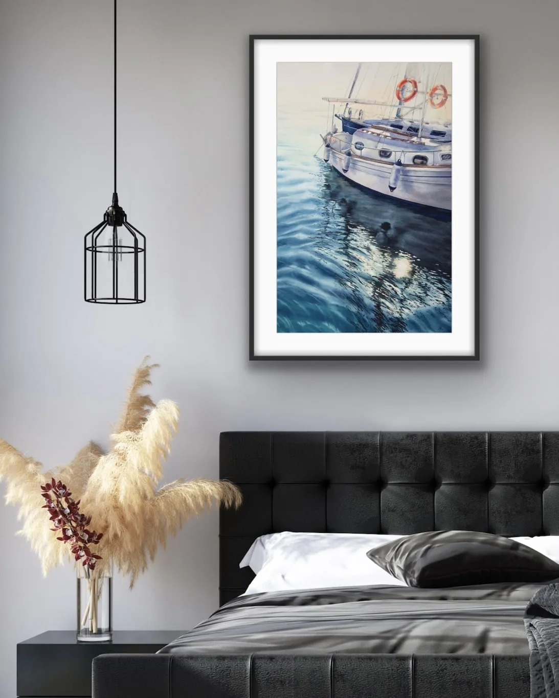 Framed ‘Beginning’ in a bedroom, bringing peaceful ocean vibes into the space.