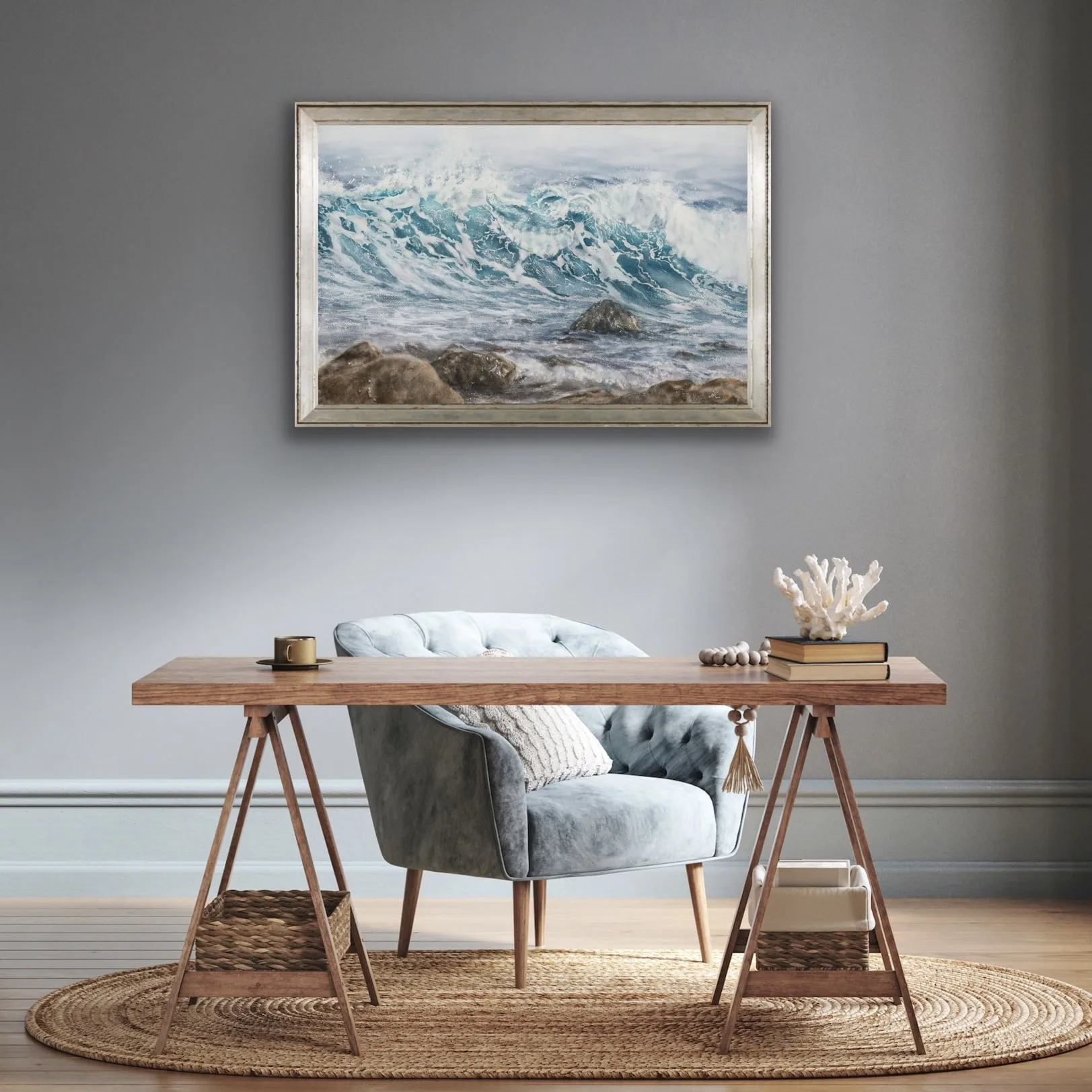 Original watercolor painting of ocean waves framed above a desk in a home working space, bringing tranquility and a coastal ambiance to the office environment. Perfect for adding a serene touch to a productive setting.