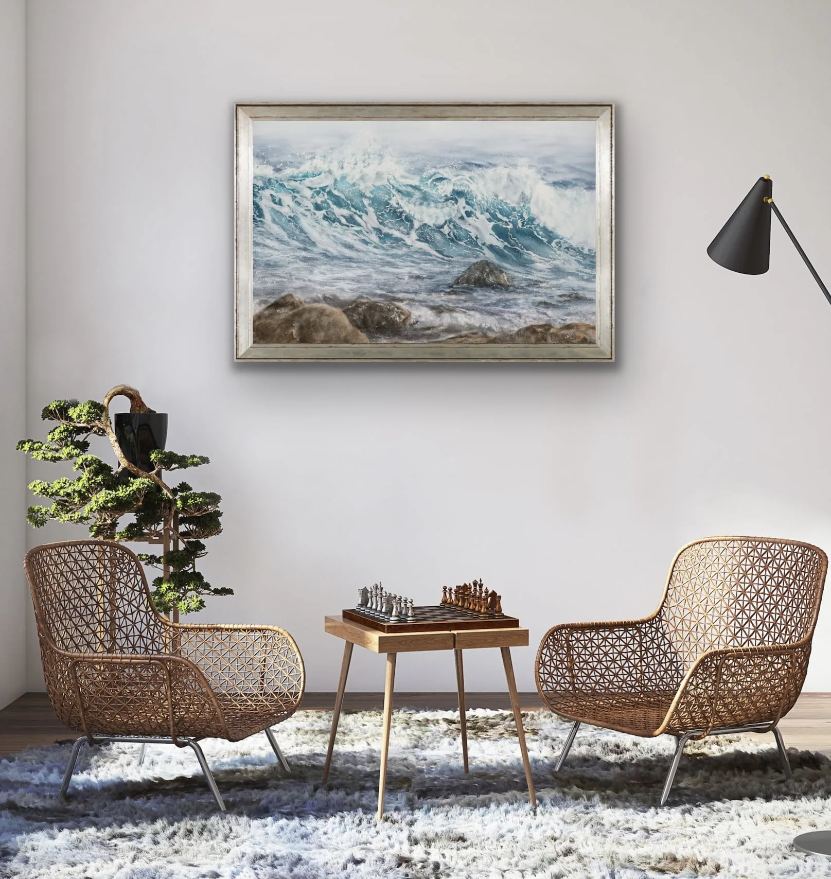 Original watercolor ocean wave painting framed in a modern living room, adding a tranquil coastal atmosphere to the space.