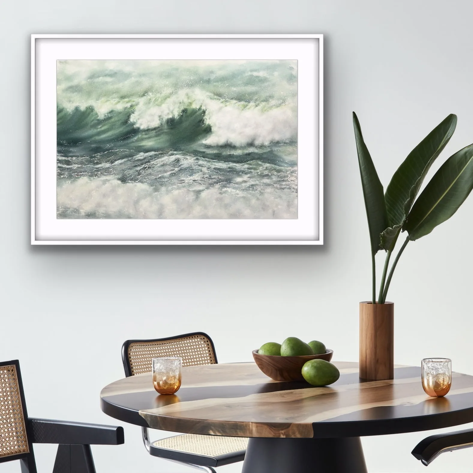 ‘Summertime’ framed and displayed in a dining area, infusing a vibrant beachy ambiance into the space.