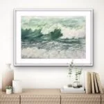 Framed ‘Summertime’ in a modern living room, with dynamic waves and marine hues adding an energetic coastal vibe to the decor.