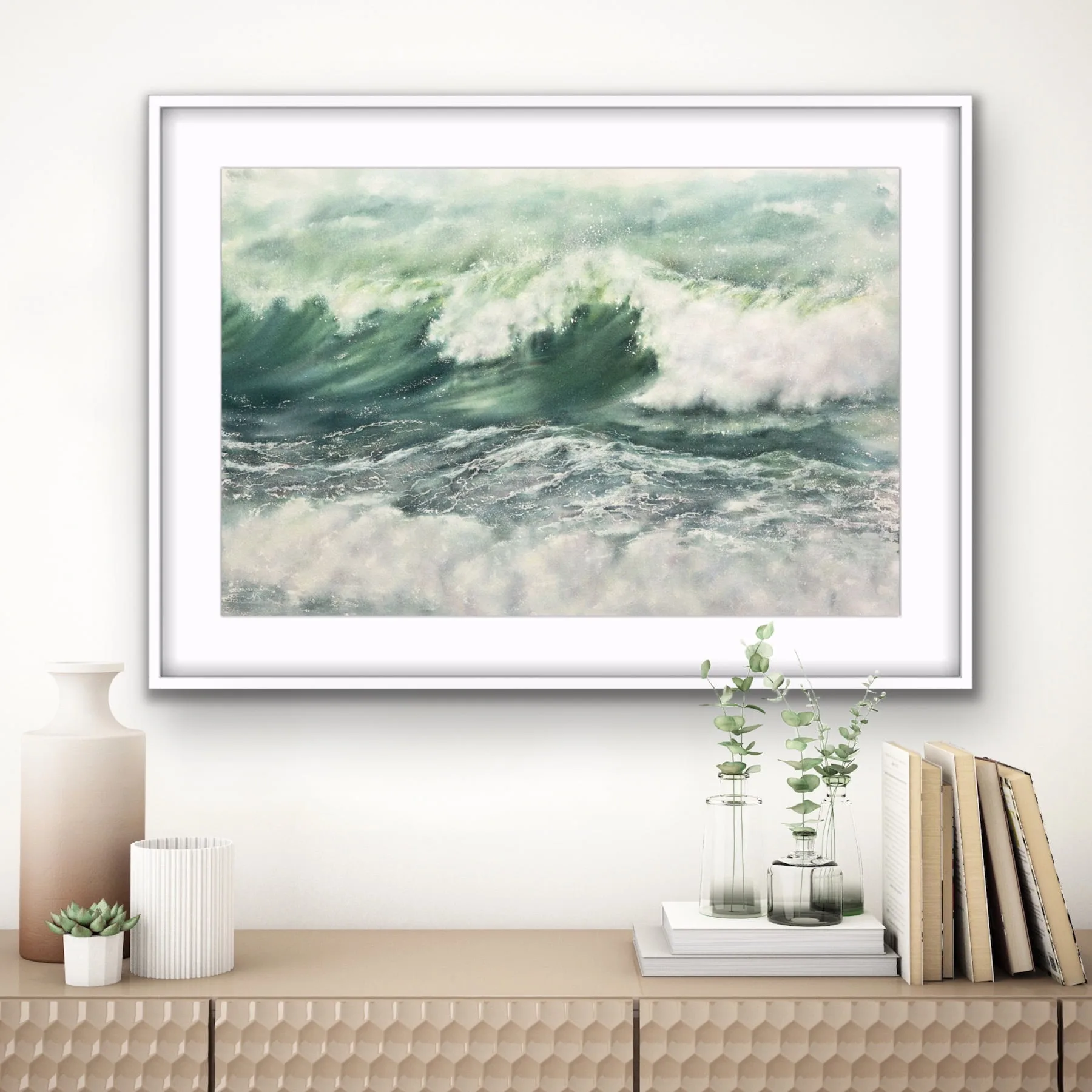 Framed ‘Summertime’ in a modern living room, with dynamic waves and marine hues adding an energetic coastal vibe to the decor.