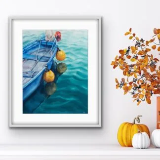 Framed ‘Blue and Yellow Boat’ above a chimney, bringing a calm nautical atmosphere to the room with its tranquil boat and soft water reflections.