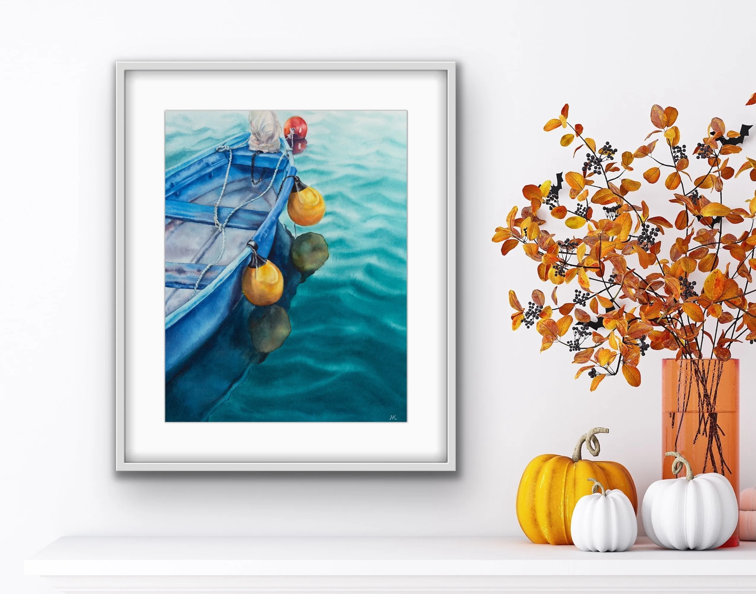 Framed ‘Blue and Yellow Boat’ above a chimney, bringing a calm nautical atmosphere to the room with its tranquil boat and soft water reflections.