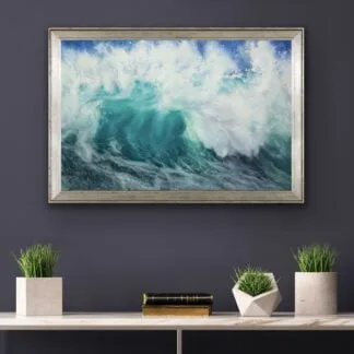 ‘Softness’ seascape framed above a modern shelf, perfect for adding a touch of coastal elegance and tranquility to the room.