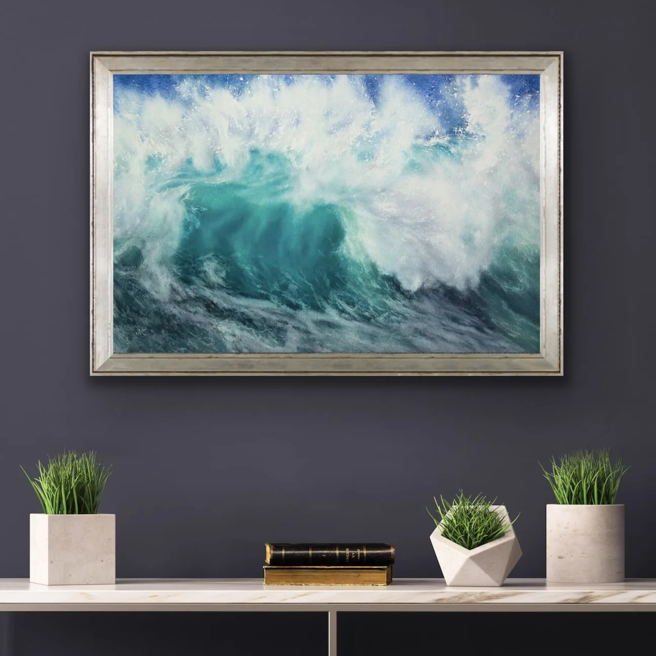 ‘Softness’ seascape framed above a modern shelf, perfect for adding a touch of coastal elegance and tranquility to the room.