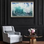 ‘Softness’ wave painting framed in a contemporary living room, adding tranquil coastal vibes to the space with a soothing seascape painting.