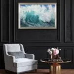 ‘Softness’ wave painting framed in a contemporary living room, adding tranquil coastal vibes to the space with a soothing seascape painting.