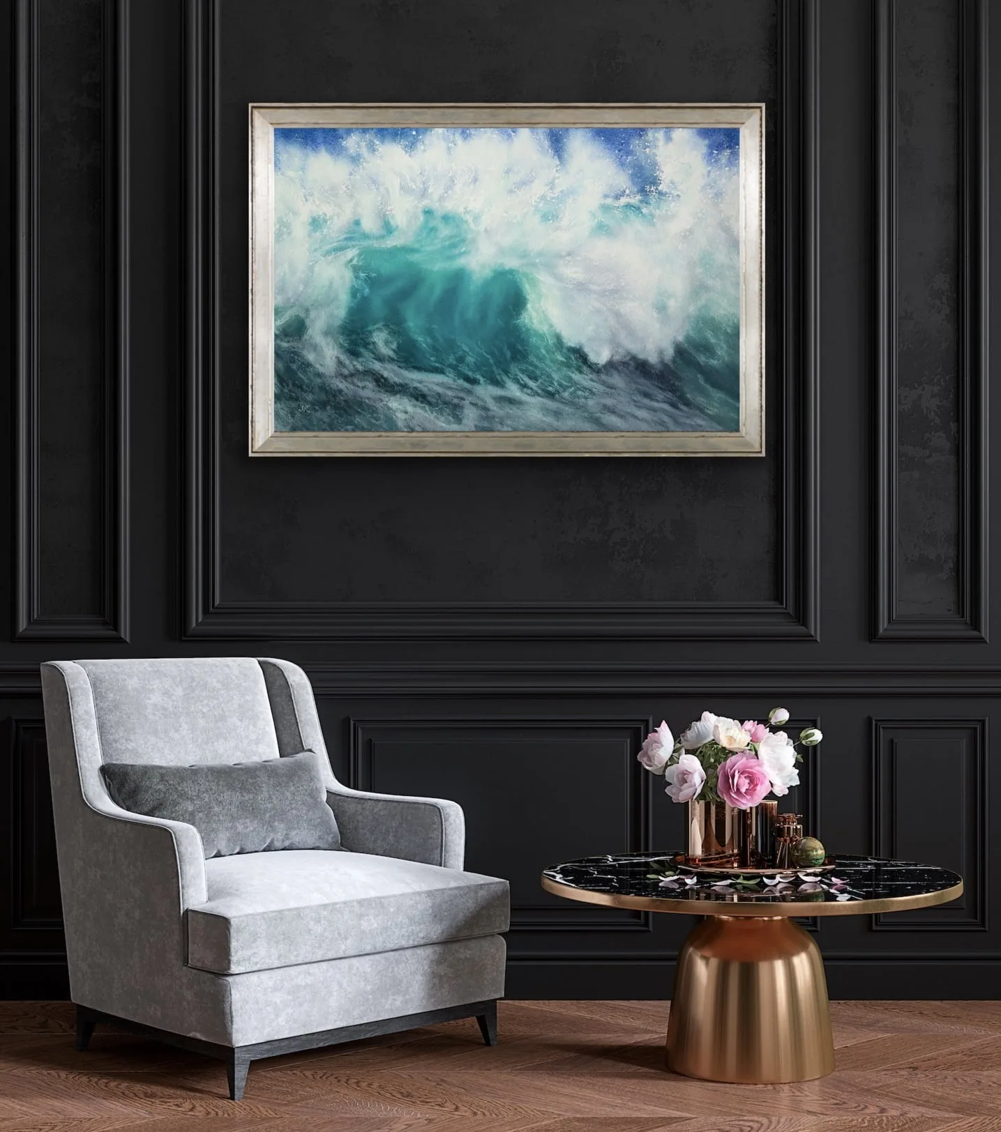 ‘Softness’ wave painting framed in a contemporary living room, adding tranquil coastal vibes to the space with a soothing seascape painting.