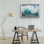 Framed ‘Softness’ ocean wave watercolor painting in an office setting, creating a calm and soothing atmosphere with ocean-inspired art.