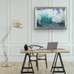 Framed ‘Softness’ ocean wave watercolor painting in an office setting, creating a calm and soothing atmosphere with ocean-inspired art.
