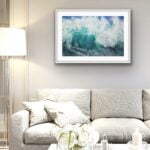 ‘Softness’ wave painting framed above the sofa, bringing the calming presence of the ocean into your living room with this beautiful watercolor artwork.