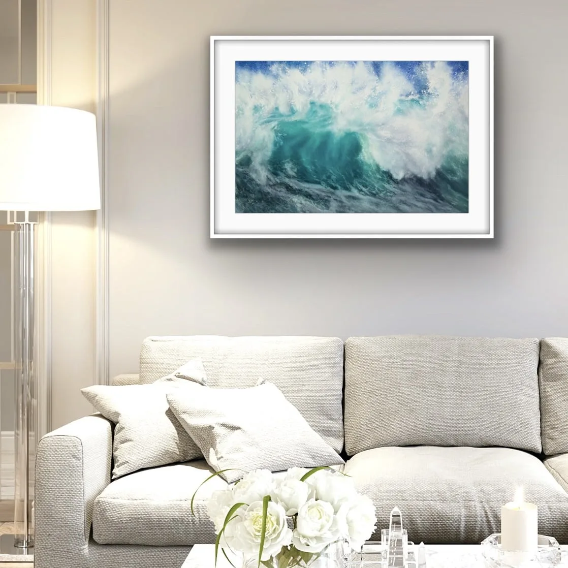 ‘Softness’ wave painting framed above the sofa, bringing the calming presence of the ocean into your living room with this beautiful watercolor artwork.