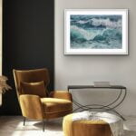 Framed watercolor painting ‘Storm’ enhancing a stylish coastal-themed living room.