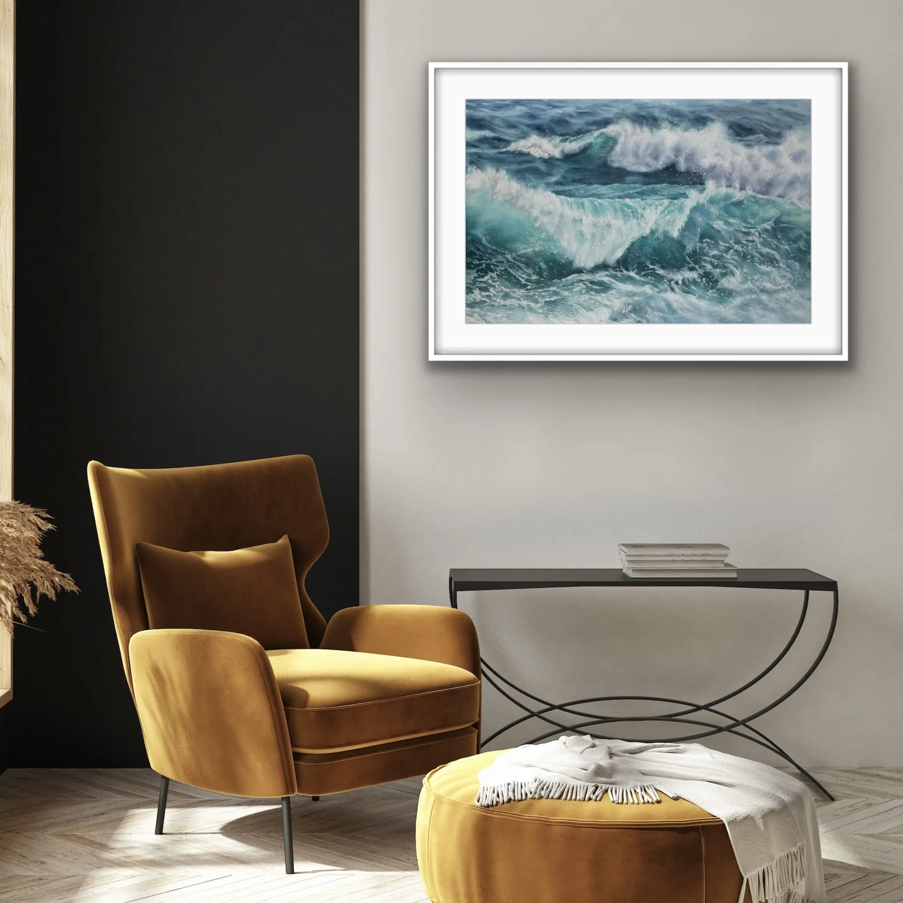 Framed watercolor painting ‘Storm’ enhancing a stylish coastal-themed living room.
