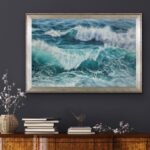 ‘Storm’ ocean painting displayed above a sleek console in a contemporary hallway.