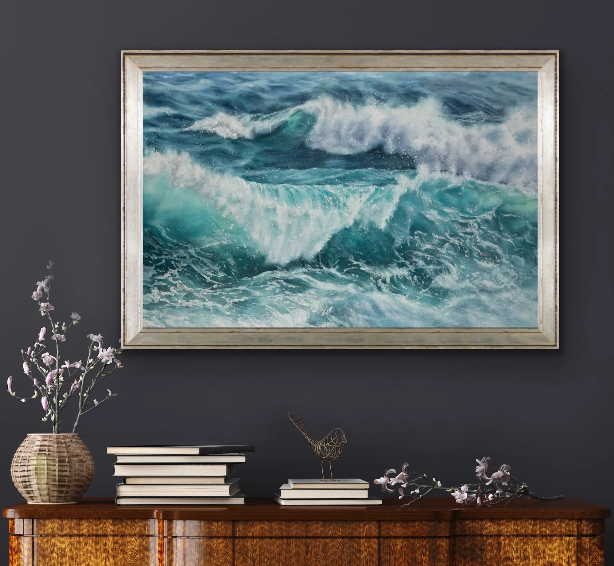 ‘Storm’ ocean painting displayed above a sleek console in a contemporary hallway.