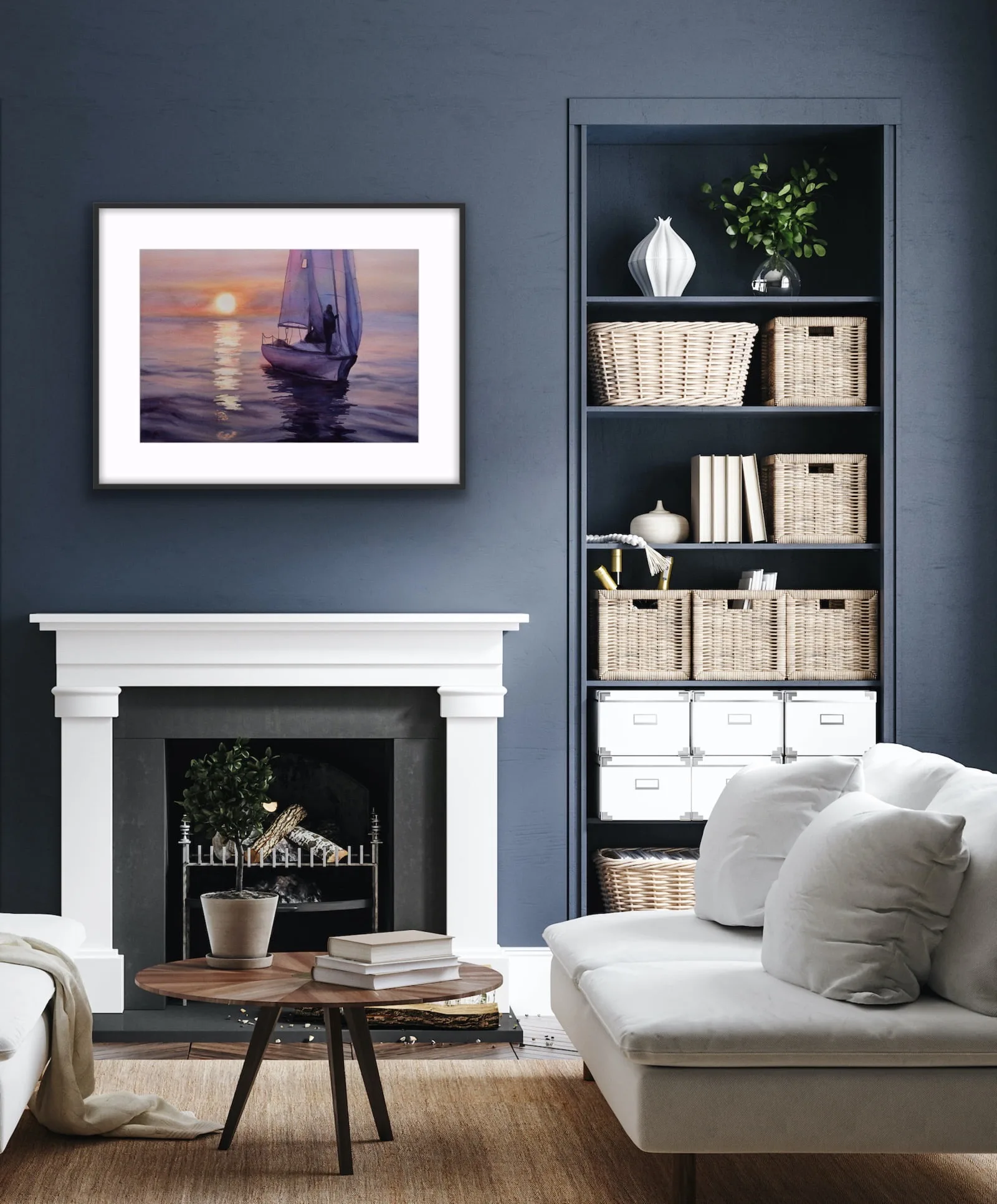 "Calmness" original watercolor sailboat painting elegantly framed and displayed above a fireplace, featuring a peaceful yacht on calm sunset waters—adding serene nautical charm to coastal-inspired living spaces.