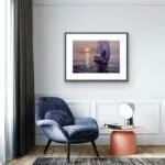 "Calmness" sailboat painting in a modern living room, bringing serene coastal vibes to nautical interior decor.