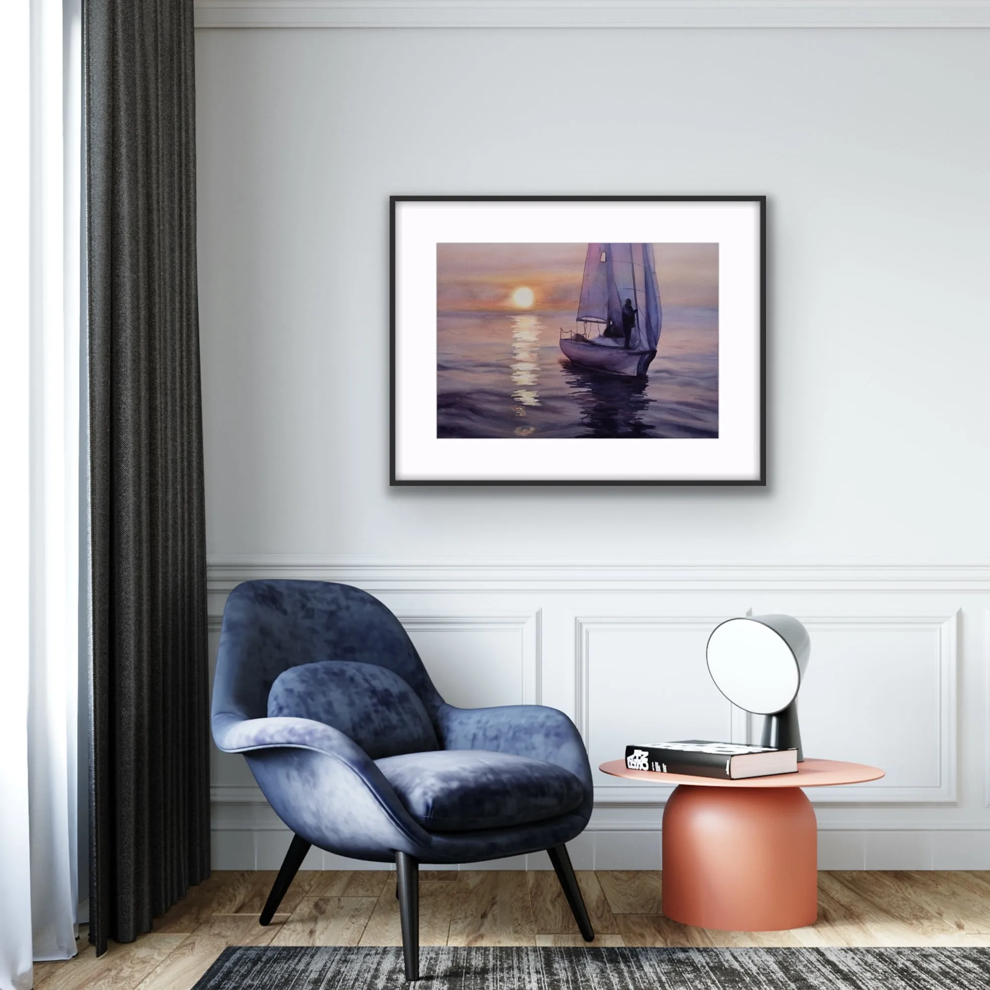 "Calmness" sailboat painting in a modern living room, bringing serene coastal vibes to nautical interior decor.