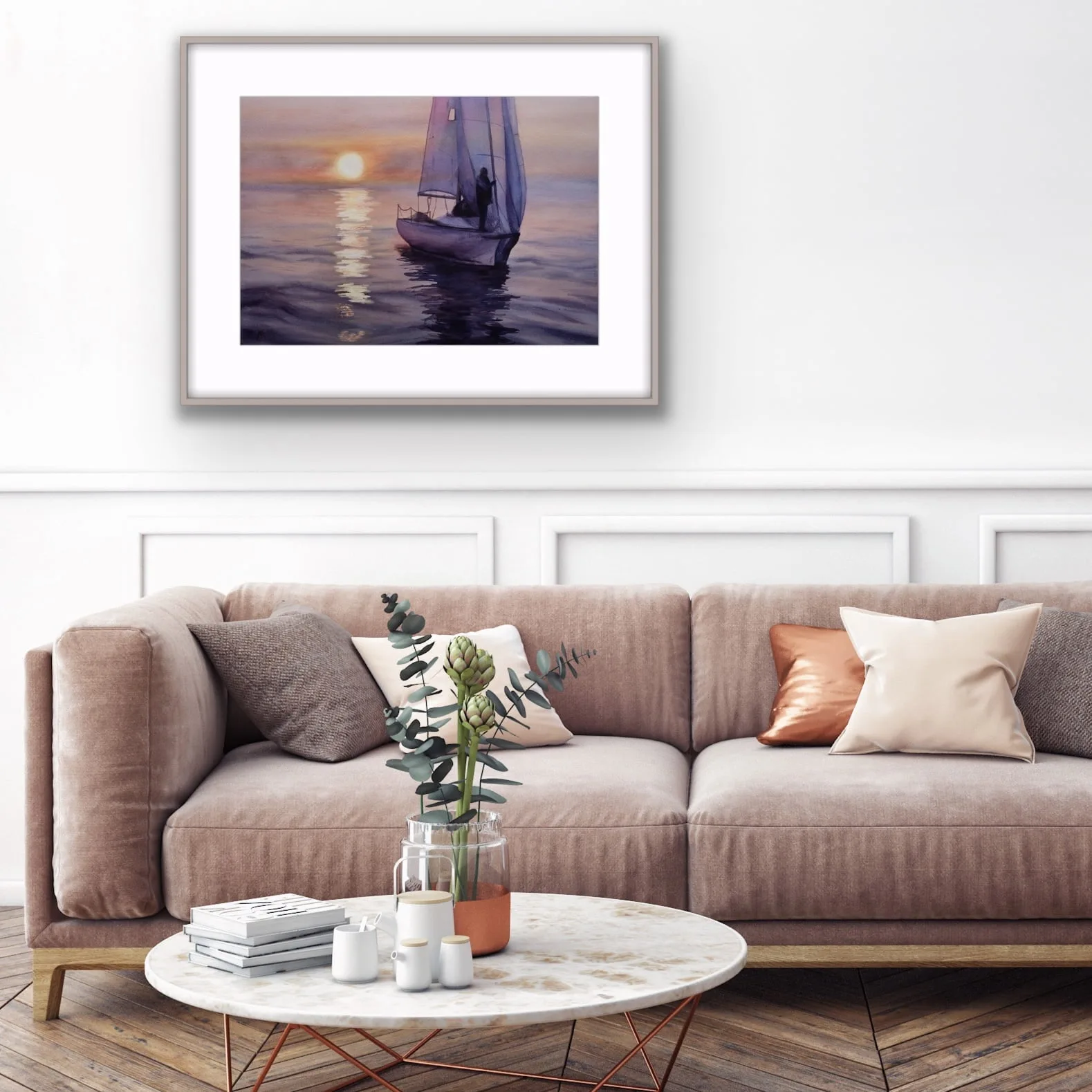 Framed "Calmness" ocean watercolor painting displayed above a sofa, enhancing tranquil coastal living spaces.