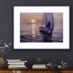 "Calmness" sailboat watercolor art elegantly placed above a wooden commode, adding peaceful ocean-inspired decor.
