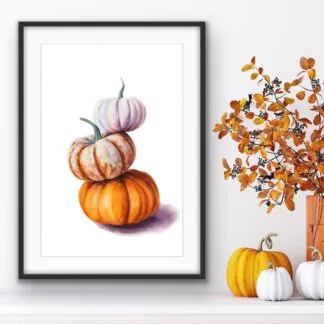 Watercolor painting of stacked orange pumpkins displayed above a shelf with festive fall decorations, capturing cozy autumn vibes.