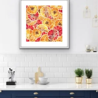 Winter watercolor Christmas print with oranges in yellow, orange, red colors.