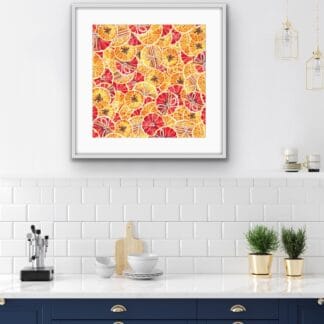 Large watercolor Christmas print with oranges in yellow, orange, red colors. Colorful fruits painting.