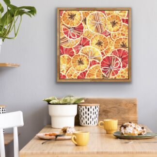 Winter watercolor Christmas print with oranges in yellow, orange, red colors.
