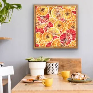 Winter watercolor Christmas print with oranges in yellow, orange, red colors.