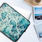 Abstract Ocean Waves ‘My Heart Belongs to the Sea’ watercolor painting printed on a sleek laptop case, featuring calming blue ocean waves for ocean lovers and coastal style.