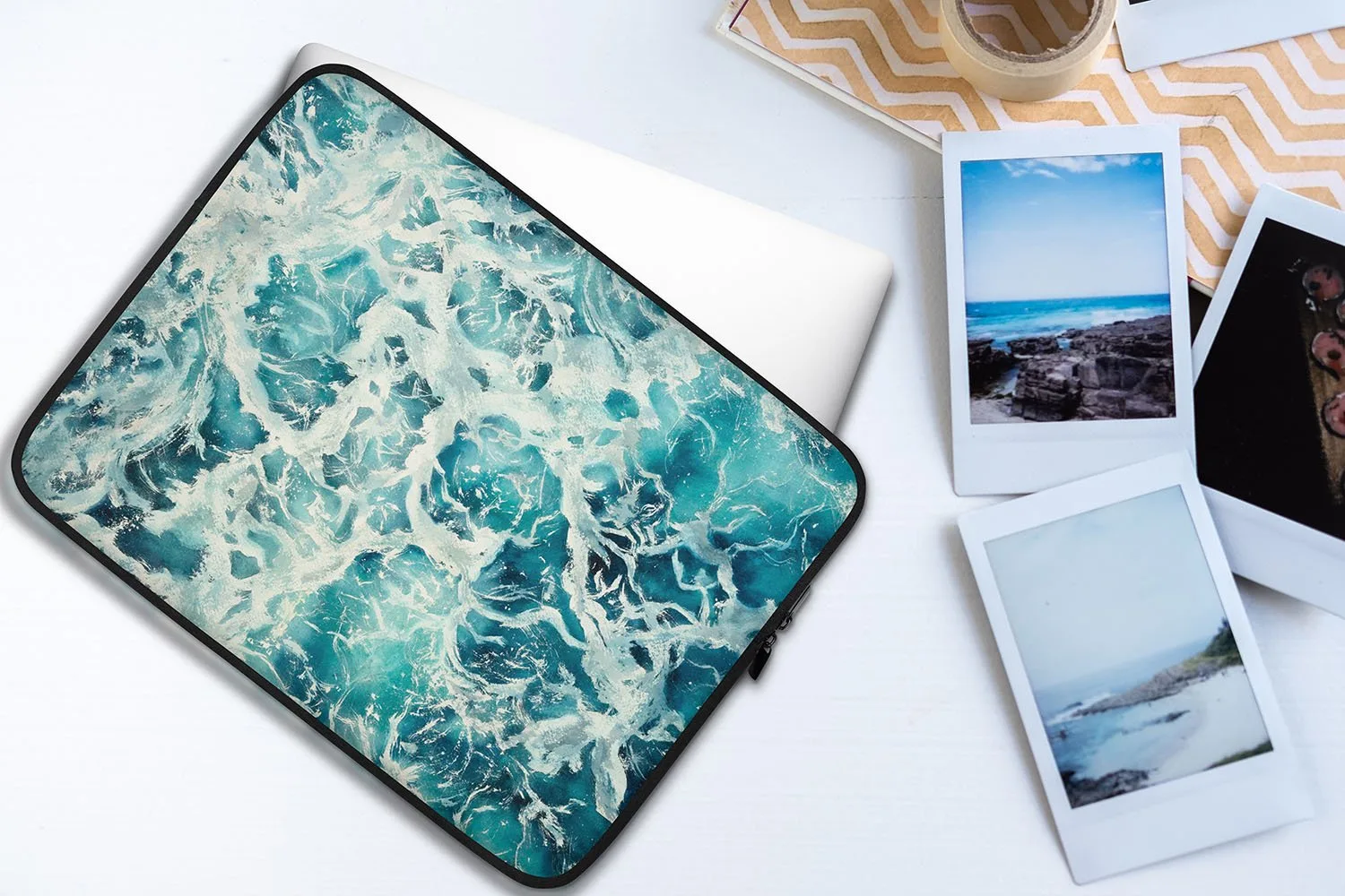 Abstract Ocean Waves ‘My Heart Belongs to the Sea’ watercolor painting printed on a sleek laptop case, featuring calming blue ocean waves for ocean lovers and coastal style.