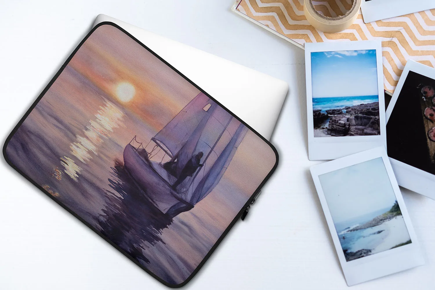 "Calmness" watercolor sailboat painting printed on a sleek laptop case, featuring a serene yacht on sunset waters—perfect nautical accessory for coastal style lovers. Durable, lightweight, and designed for ocean-inspired protection.