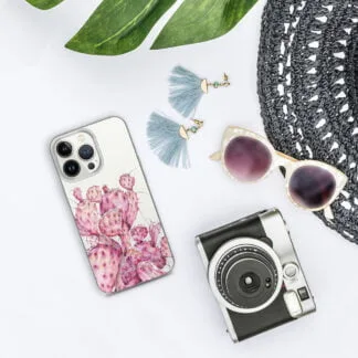 Watercolor pink cactus iPhone case, designed with soft pastel tones and floral beauty to reflect a peaceful, desert-inspired aesthetic.