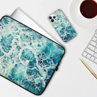 ‘My Heart Belongs to the Sea’ artwork on a laptop case and iPhone case, featuring soothing watercolor ocean waves in soft blue tones, perfect for coastal style enthusiasts and marine art lovers.
