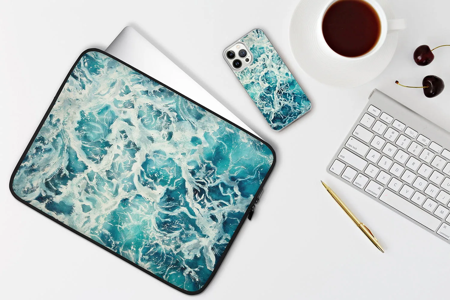 ‘My Heart Belongs to the Sea’ artwork on a laptop case and iPhone case, featuring soothing watercolor ocean waves in soft blue tones, perfect for coastal style enthusiasts and marine art lovers.