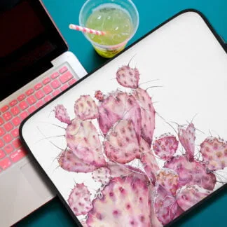 Delicate pink cactus design on a high-quality laptop case, offering a serene nature-inspired aesthetic with watercolor botanical art.