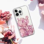 Botanical art iPhone case with a delicate pink opuntia cactus design, ideal for those who appreciate intricate, nature-themed phone accessories.