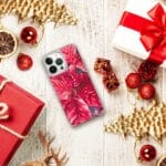 Bright red poinsettia watercolor design for iPhone cases, a festive accessory for the holiday season.