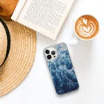 iPhone case with 'Deep Blue Sea' abstract ocean painting, showcasing dynamic waves and foam in vibrant blue tones.