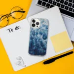 Stunning iPhone case design with deep blue ocean waves and foamy textures from ‘Deep Blue Sea’ abstract painting.