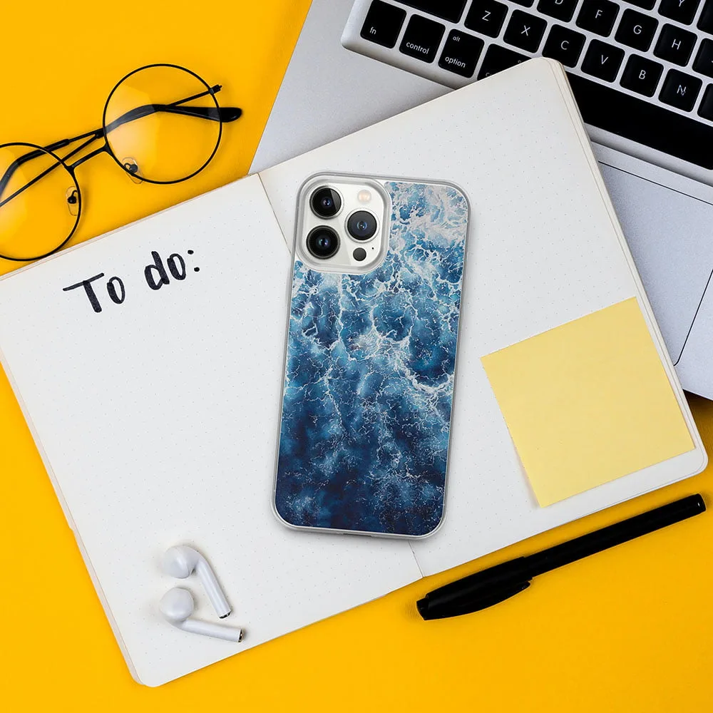 Stunning iPhone case design with deep blue ocean waves and foamy textures from ‘Deep Blue Sea’ abstract painting.