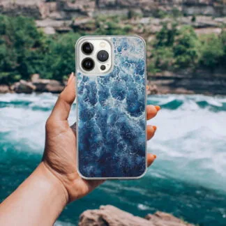 Ocean wave-inspired iPhone case featuring ‘Deep Blue Sea,’ with abstract foamy waves and dynamic blue water design.